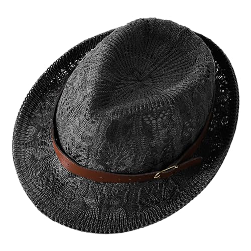 Unisex Summer Mesh Fedora Hat Sun Short Brim Panama Hat Beach Hat Packable Breathable Classic Retro Trilby Hat - color: Black