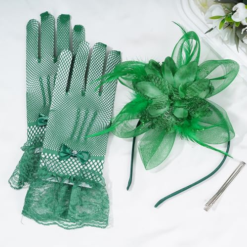 Fascinators Hats with Lace Gloves for Women Headband for Tea Party Wedding - color: Green