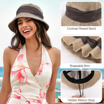 Babalet Women Summer Bucket Sun Hat Lightweight Beach Faux Linen Blend Bucket Hat Adjustable Foldable UV Protection Beach Cap - color: Marled Beige / Brown Band