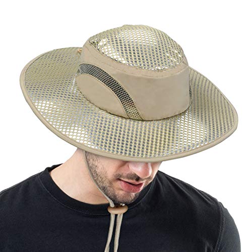 Men Safari Sun Hat Wide Brim Boonie Fishing Cap with Adjustable Drawstring - color: #Tan