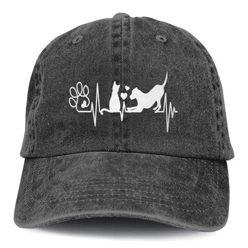 Women's Dog Love Cat Paw Heartbeat Baseball Cap for Men Women, Adjustable Vintage Distressed Washed Dad Hat - color: Black
