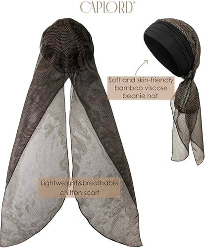 CAPLORD Chemo Headwrap for Women Turban Headwear for Cancer Patients Skull Cap Hair Loss Cover Lightweight Head Covering Hat - color: Black Earthen Flow