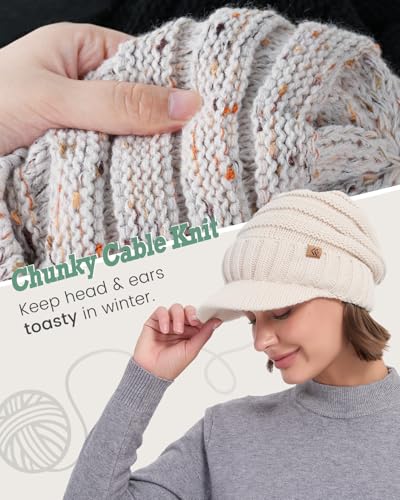 Women Men Winter Beanie Hat with Visor, Warm Fleece Lined Beanie Cap, Thick Knit Cap Slouchy Hat with Brim - color: Oatmeal