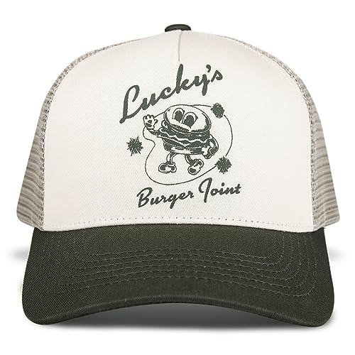 Lucky Brand Trucker Hat | Snapback | Adjustable | Mesh Back | Retro | Baseball Cap | Golf | Fishing | American Heritage - color: Burger Joint - Olive
