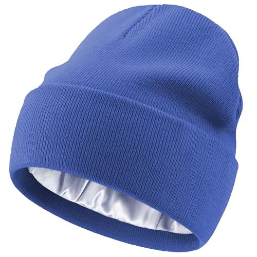 Satin Lined Knit Beanie Hat-100% Cotton Winter Hats for Women Men - color: 1-blue