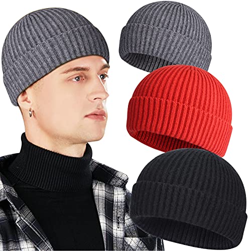 3 Pack Wool Fisherman Beanies for Men, Short Knit Watch Cap Cuffed Hats - color: E-black, Gray, Red