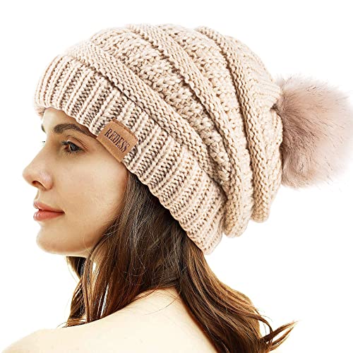 REDESS Women Winter Pom Pom Beanie Hat with Warm Fleece Lined - color: Oatmeal