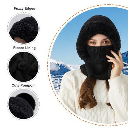 HUAMULAN Women Cable Knit Balaclavas Winter Fleece Lined Beanie Hat - color: Black With String