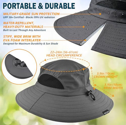 Wide Brim Sun Bucket Hat, Waterproof Boonie Hat for Men & Women - color: 01 Dark Grey