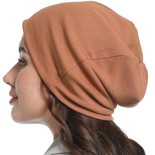 Slouchy Beanie for Women Men Thin Knit Winter Hat 93% Cotton Beanies - color: Brown