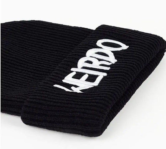 Weirdo Black Knit Beanie, Ribbed Winter Hat with Embroidered Text