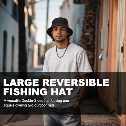 Oversize XXL Bucket Hat, Reversible Cotton Fisherman Hats, Unisex Double Side Wear Bucket Sun Hats with Chin Strap - color: Black-black, size: X-Large