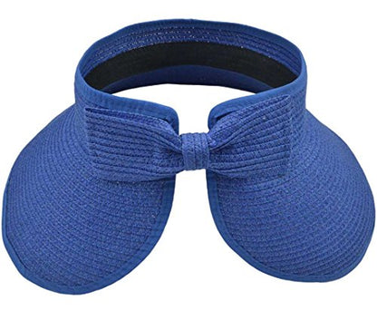 Womens Foldable Straw Sun Visor, Packable Roll‑Up Beach Hat with Wide Brim - color: Royal Blue