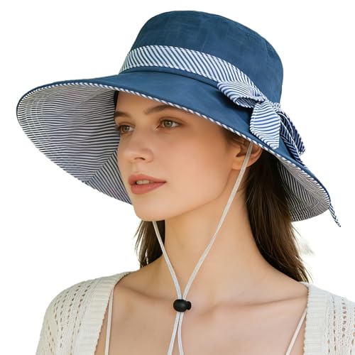 Sun Hats for Women Roll-up Wide Brim Summer Beach Hat Foldable Floppy Cotton Hat - color: Cotton Blue