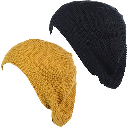 BYOS Chic French Style Lightweight Soft Slouchy Knit Beret Beanie Hat in Solid - color: 2-pack Mustard Yellow & Black