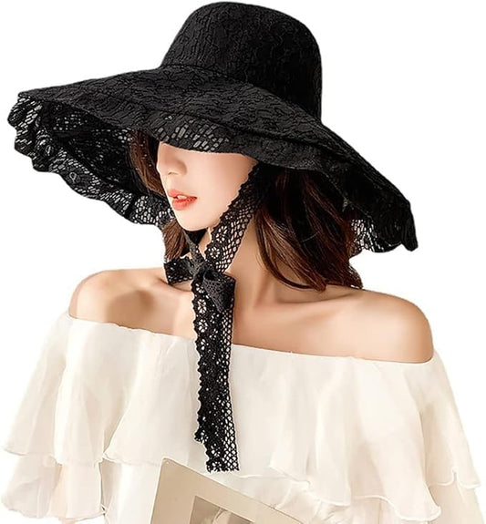 Ladies Floppy Lace Sun Hat Womens Foldable Wide Brim Fedoras UPF 50+ Summer Sun Visor Cap Large Beach Bucket Hat - color: Black