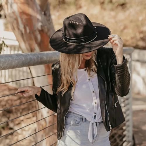 OIERFE Fedora Hat for Men & Women - 3.34 Inch Wide Brim Hat for Outdoor,Original Design Felt Hat with Gift Ready Packaging - color: Black-star