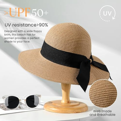 Pleneal Beach Sun Staw Hats for Women, UPF 50+ Foldable Wide Brim Sun Hat - color: Khaki -E