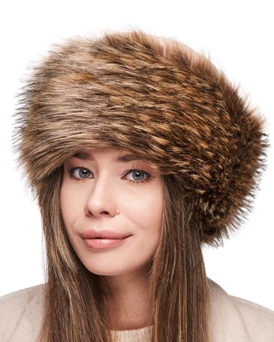 Futrzane Faux Fur Trim Hat for Women - color: Beige - Bronze, size: X-Large