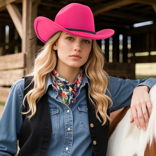DRESHOW Western Cowboy Hat for Men Women Cowboy Cowgirl Hat Outdoor Wide Brim Retro Felt Fedora Hats Unisex Rolled up Caps - color: 1 Pack Style 9: Hot Pink With Braided Band
