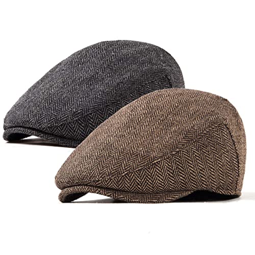 2-Pack Adjustable Newsboy Hats for Men Flat Cap Irish Wool Blend Tweed - color: 002 Black+brown 2pack, size: X-Large-XX-Large