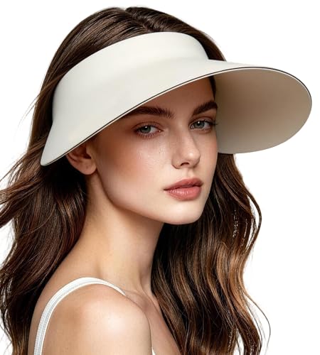 Women's Seamless Sun Visor Hat, Extra-Wide Brim, Ponytail & Bun Friendly - color: Off-white01