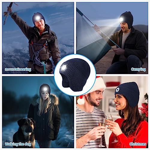 LED Beanie Hat with Light, USB Rechargeable LED Headlamp Hat, Unisex Winter Hat Warm Knitted Earflap Beanie with Night Flashlight (Blue) - color: Blue Adult