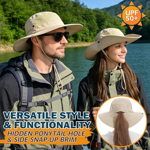 Cooling Sun Bucket Hat, UPF 50+ Wide Brim Boonie Hat with Ponytail Hole - color: 01 Beige