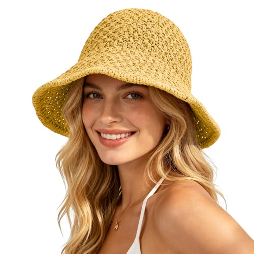 Sun Hat for Women Summer Straw Beach Hats Bucket Hat Floppy Crochet Hat - color: Yellow