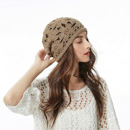 ZLYC Women Cotton Crochet Slouchy Beanie Hat Handmade Knit Summer Skull Cap - color: Crochet Khaki