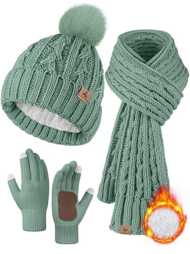 Winter Hat Scarf Gloves Set, Fleece Lined Cable Knit Pompom Hat Women Gift - color: Mint Green