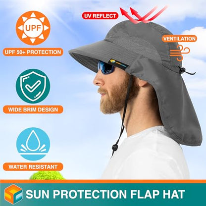 SUN CUBE Wide Brim Sun Hat with Neck Flap for Men Women, UPF50+ Fishing - color: Gray