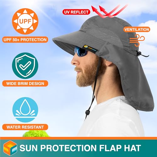SUN CUBE Wide Brim Sun Hat with Neck Flap for Men Women, UPF50+ Fishing - color: Gray
