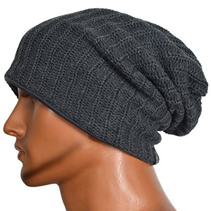 VECRY Mens Slouchy Beanie Knit Skull Cap Long Baggy Hip-hop Winter Summer Hat B305 - color: Ribbed-grey, size: Large