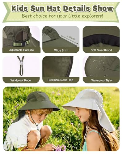 Rosoz Kids Sun Hat with Neck Flap UV Protection Summer Toddler Beach Hat Unisex Ponytail Hat Wide Brim Fishing Hat - color: 1pack-dark Green