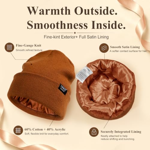 Satin Lined Winter Beanie Hats for Women Men Cotton Knitted Cuffed Knit Hat - color: Brown