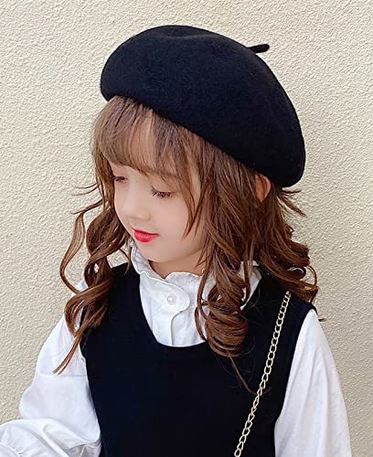 Kids Girls French Beret Hat Artist Hat Solid Warm Beanie Cap Winter Autumn - color: Black