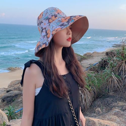 Women Bohemian Reversible Sun Hat Wide Brim Fishing Hats - color: Khaki Floral