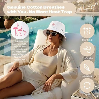 ZLYC Cotton Bucket Hat for Women Men Embroidered Packable Summer Sun Cap - color: White Flamingo