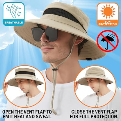 Men's UPF 50+ Waterproof Wide Brim Boonie Hat, Sun & Rain Protection - color: Light Camel (No Waterproof)