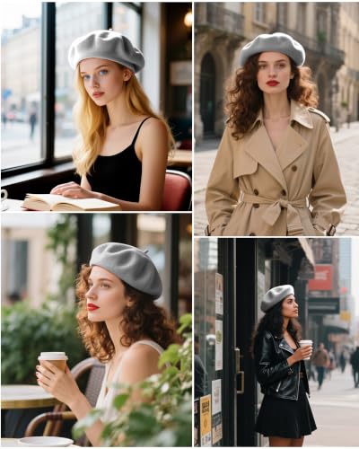 French Beret Hats for Women - Wool Solid Color Beanie Cap - color: Grey