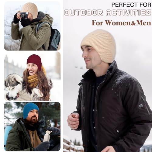 Women's Earflap Beanie, Cap with Ear Flaps, Knit Winter Hat for Men - color: Beige