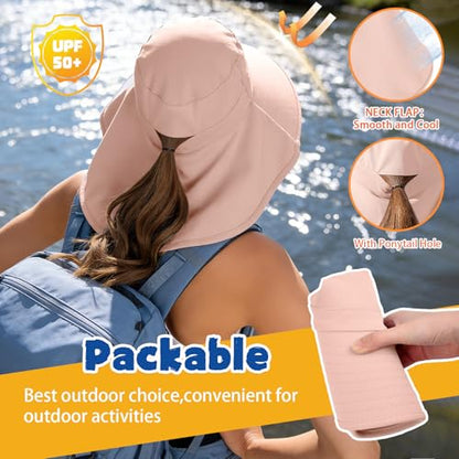 Ruqizhi Sun Hats for Women with Neck Flap Ponytail Hole Women Sun Hats Rollable UV Protection Fishing Hats Wide Brim UPF 50+ - color: Pink