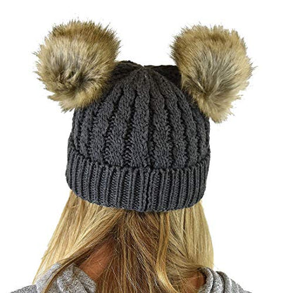 C.C 2 Ear Pom Pom Cable Knit Soft Stretch Cuff Skully Beanie Hat - color: Faux Fur Dark Melange Gray