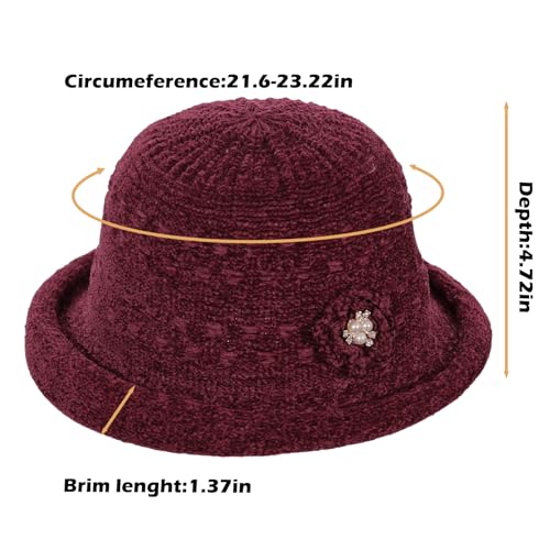Women Winter Knit 1920s Vintage Bucket Bowler Hat Round Brim Warm Hat - color: 2red