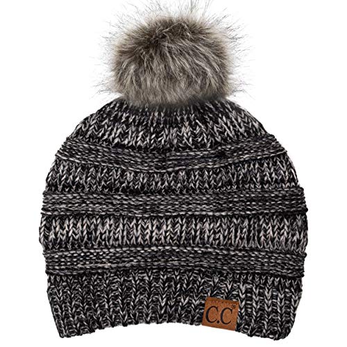 C.C Fur Pom Winter Fall Trendy Chunky Stretchy Cable Knit Beanie Hat - color: Grey(31) Mix (With Pom)