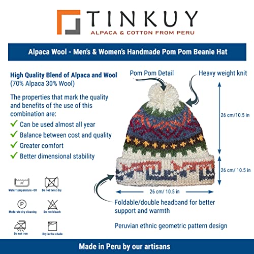 TINKUY Peru Alpaca Wool Winter Beanie, Handmade Bobble Hat, Unisex, One Size - color: Beige