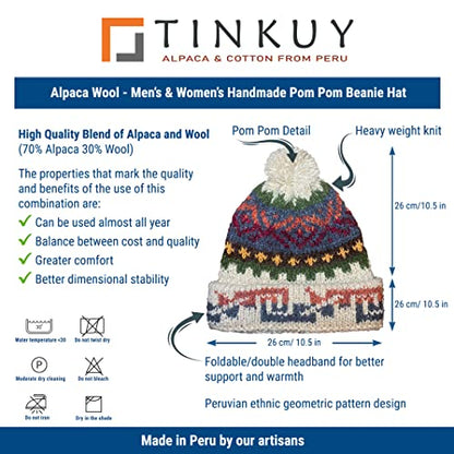 TINKUY Peru Alpaca Wool Winter Beanie, Handmade Bobble Hat, Unisex, One Size - color: Beige