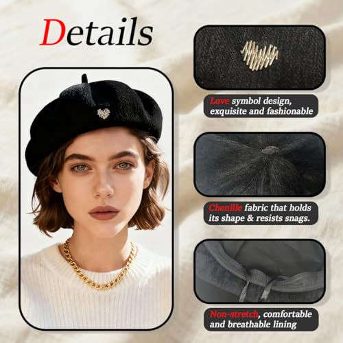 Women's Chenille Beret - Soft & Warm French Hat with Metal Heart Accent for Fall/Winter. - color: Black