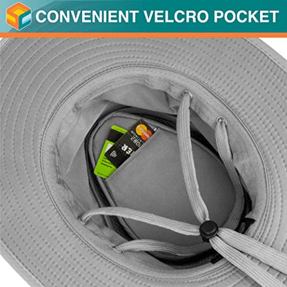 SUN CUBE Wide Brim Sun Hat for Men Women UPF 50+ UV Protection Safari Boonie Hat with Chin Strap, Pocket, Fishing Hiking Hat - color: Light Gray